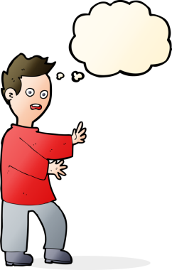 Bir insan tarafından çizilen düşünce baloncuğuyla şok olmuş bir adam.