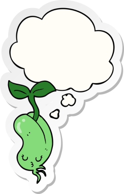 Düşünce baloncuklu fasulye filizlenen çizgi film etiketi bir insan tarafından çizilmiş.