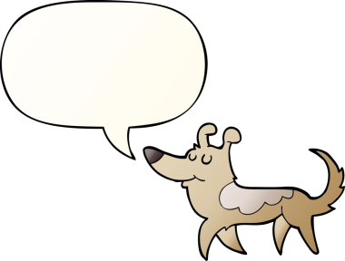 Bir insan tarafından çizilmiş, konuşma baloncuklu çizgi film köpeği.