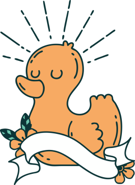 Bir insan tarafından çizilmiş dövme stili plastik ördekli parşömen.