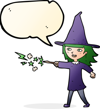 Bir insan tarafından çizilmiş konuşma balonuyla büyülenmiş cadı kız çizgi filmi.