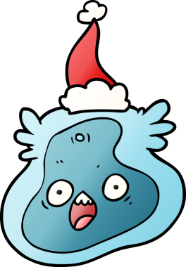 Bir insan tarafından çizilmiş Noel Baba şapkası giyen bir mikropun el çizimi karikatürü.