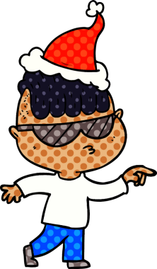 El çizimi çizgi roman tasviri. Güneş gözlüğü takan, Noel Baba şapkası takan, insan tarafından çizilmiş bir çocuk.