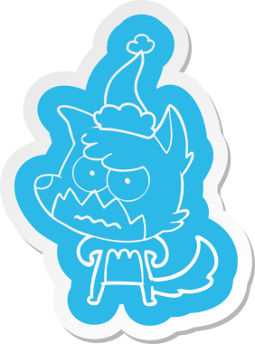 Bir insan tarafından çizilmiş Noel Baba şapkası giymiş kızgın bir tilkinin garip çizgi film çıkartması.