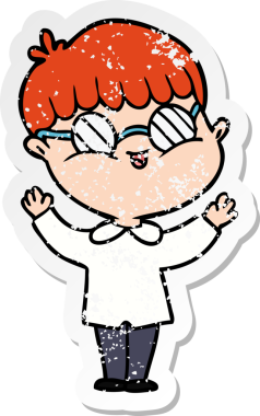 Bir insan tarafından çizilmiş gözlük takan çizgi film karakterinin sıkıntılı çıkartması.