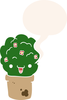 Bir insan tarafından çizilmiş, konuşma baloncuğuyla tencereye konmuş karikatür çalı.