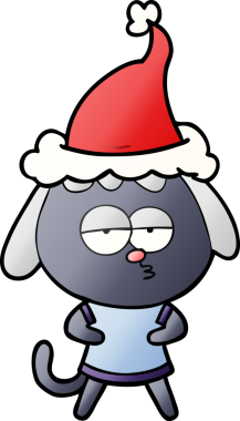 Bir insan tarafından çizilmiş Noel Baba şapkası takan sıkılmış bir köpeğin el çizimi karikatürü.