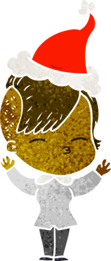 Bir insan tarafından çizilmiş Noel Baba şapkası giyen şaşı bir kızın el çizimi karikatürü.