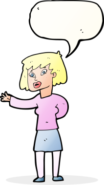 Bir insan tarafından çizilen konuşma baloncuğuyla açıklayan çizgi film kadını.