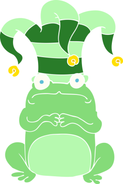 Bir insan tarafından çizilmiş soytarı şapkası takan gergin kurbağanın düz bir çizimi