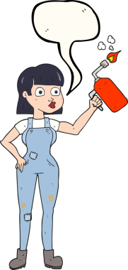 Bir insan tarafından çizilmiş tulumlu serbest konuşma balonu karikatürü kadın.