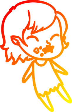 Bir insan tarafından çizilmiş yanağında kan olan vampir bir kızın çizgi film çizimi.