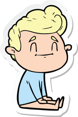 Bir insan tarafından çizilmiş yerde oturan mutlu bir çizgi film karakterinin çıkartması.