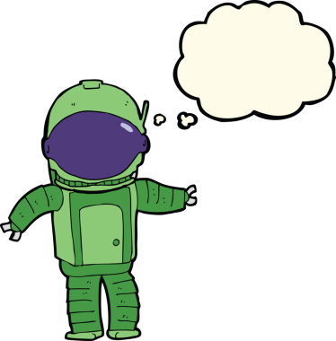 Bir insan tarafından çizilmiş düşünce baloncuklu astronot.