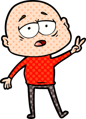 Bir insan tarafından çizilmiş yorgun, kel bir adam.