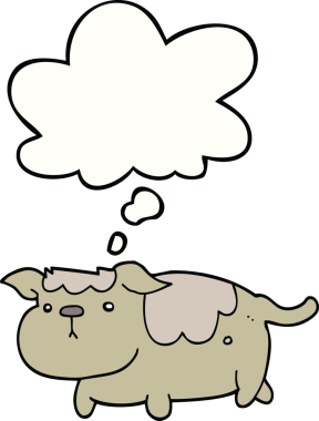 Bir insan tarafından çizilmiş düşünce baloncuklu çizgi film köpeği.