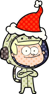 Mutlu astronot eli bir insan tarafından çizilmiş Noel Baba şapkasının çizgi roman çizimi