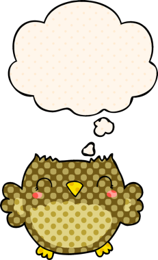 Bir insan tarafından çizilmiş çizgi roman tarzında düşünce baloncuğu olan sevimli bir baykuş.