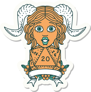 Bir insan tarafından çizilmiş doğal yirmi zarla yapıştırılmış bir etiket.