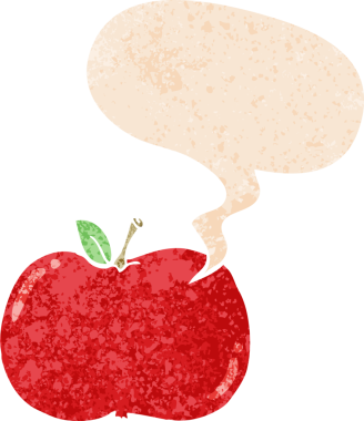 grunge ile konuşma balonu ile çizgi film elma sıkıntılı retro stil bir insan tarafından çizilmiş