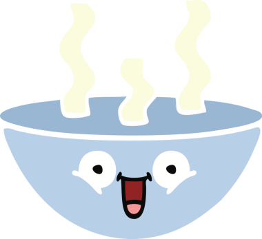 Bir insan tarafından çizilmiş sıcak çorba kasesinin düz renkli retro karikatürü