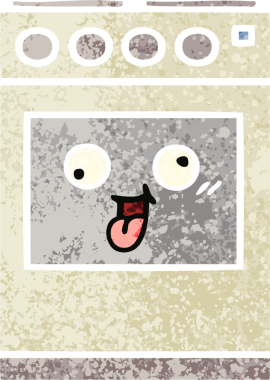 Bir insan tarafından çizilmiş mutfak fırınının retro çizim tarzı karikatürü.