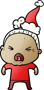 Bir insan tarafından çizilmiş Noel Baba şapkası giymiş kızgın yaşlı bir kadının el çizimi karikatürü.