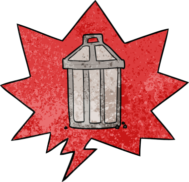 bir insan tarafından çizilmiş eski metal çöp tenekesi eski moda konuşma baloncuğu