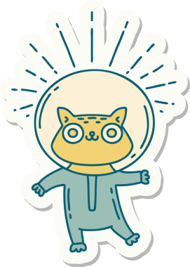 Bir insan tarafından çizilmiş astronot kostümlü dövme stili bir kedinin çıkartması.