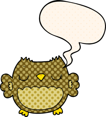 Bir insan tarafından çizilmiş çizgi roman tarzında konuşma balonu olan sevimli bir baykuş.