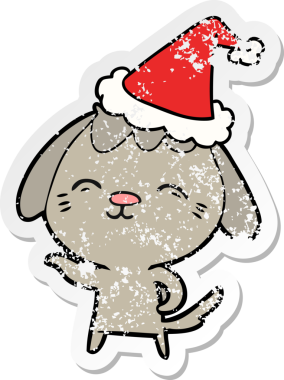Mutlu el çizilmiş hüzünlü çıkartma. Bir insan tarafından çizilmiş Noel Baba şapkası takan bir köpek.