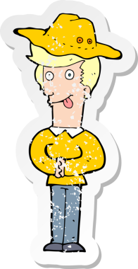 Bir insan tarafından çizilmiş şapkalı bir karikatürcünün sıkıntılı retro yapıştırması.