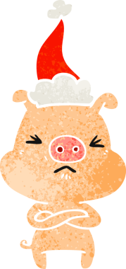 Bir insan tarafından çizilmiş Noel Baba şapkası giymiş kızgın bir domuzun el çizimi karikatürü.