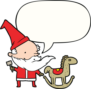karikatür noel baba (veya elf) bir insan tarafından çizilen konuşma baloncuğu ile sallanan bir at yapıyor