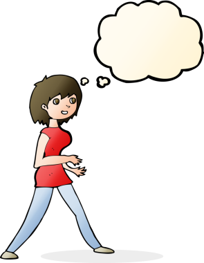 Bir insan tarafından çizilmiş düşünce baloncuğuyla yürüyen çizgi film kadını.