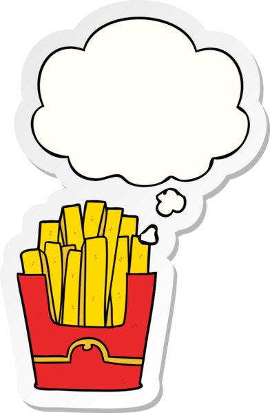 Düşünce baloncuğu olan çizgi film kızartmaları insan tarafından çizilmiş bir çıkartma gibi.