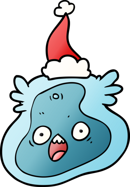 Bir insan tarafından çizilmiş Noel Baba şapkası giyen bir mikropun el çizimi karikatürü.