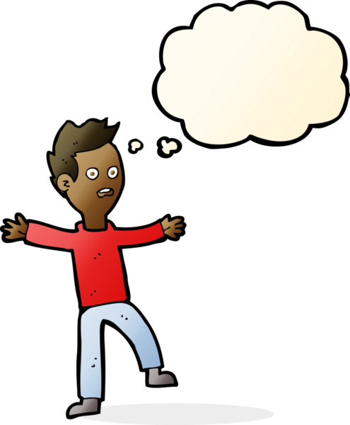 Bir insan tarafından çizilmiş düşünce baloncuğu ile ürkmüş bir çocuk.