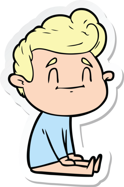 Bir insan tarafından çizilmiş yerde oturan mutlu bir çizgi film karakterinin çıkartması.