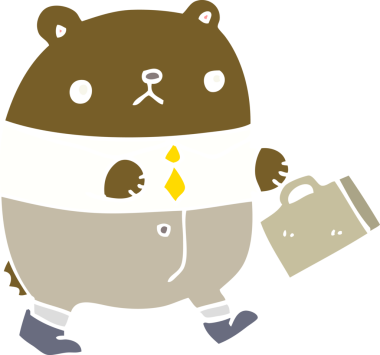 Bir insan tarafından çizilmiş iş kıyafetleri içinde düz renkli çizgi film ayısı.