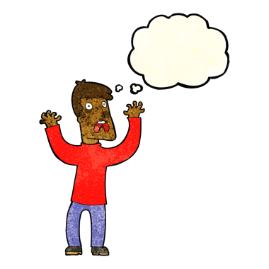 Bir insan tarafından çizilmiş düşünce baloncuğu olan korkmuş bir adam.