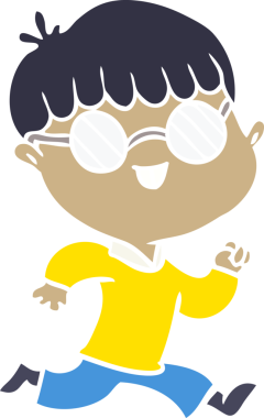 Bir insan tarafından çizilmiş gözlük takan düz renkli çizgi film çocuğu.