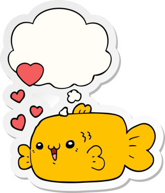 Sevgi dolu karikatür balıkları. Düşünce baloncukları insan tarafından çizilmiş bir çıkartma gibi.