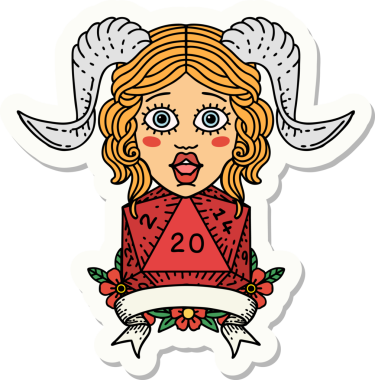 Bir insan tarafından çizilmiş doğal yirmi zarla yapıştırılmış bir etiket.