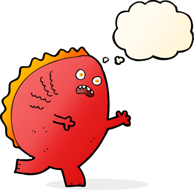 Bir insan tarafından çizilmiş düşünce baloncuklu çizgi film canavarı.