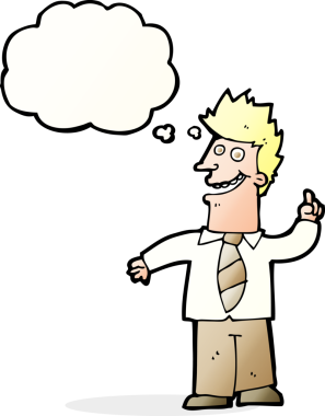 Bir insan tarafından çizilmiş düşünce baloncuğu ile iyi bir fikri olan çizgi film adamı.