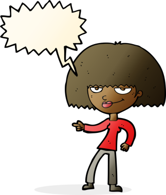 Bir insan tarafından çizilmiş konuşma balonuyla işaret eden mutlu kadın çizgi filmi.