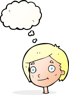 Bir insan tarafından çizilmiş düşünce balonu olan mutlu çocuk çizgi filmi.