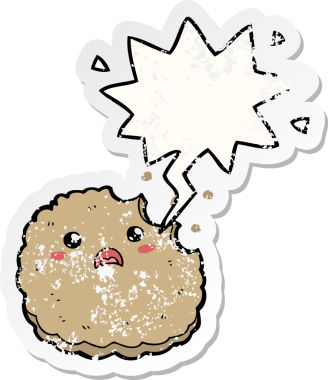 Konuşma balonlu çizgi film bisküvisi bir insan tarafından çizilmiş sıkıntılı eski bir çıkartma