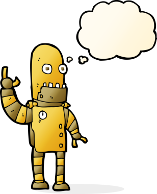 Bir insan tarafından çizilmiş düşünce balonlu altın robotu sallayan çizgi film.